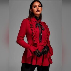 Elegant Red Ruffled Blouse with Black Accents